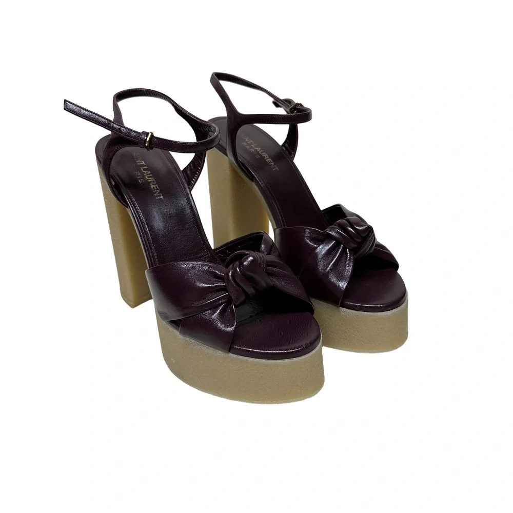 Saint Laurent Bianca Sandal Rubber Platform Knotted Leather Burgundy Wine Red 38 - Picture 2 of 12
